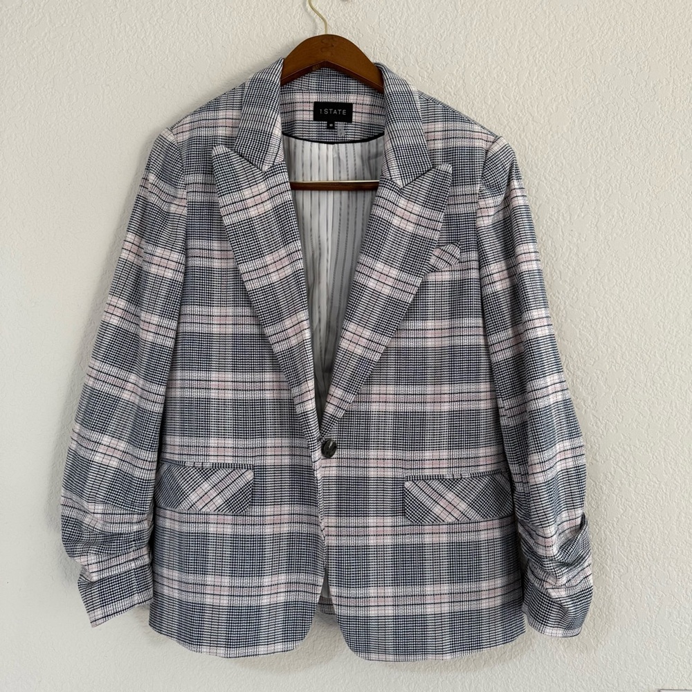 1. State Navy Pink Plaid Blazer Notched Lapel 1-Button 10 Medium